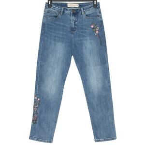 Soft Surroundings Jeans Embroidered Boho Cottage Minimalist Floral Blue Size 10